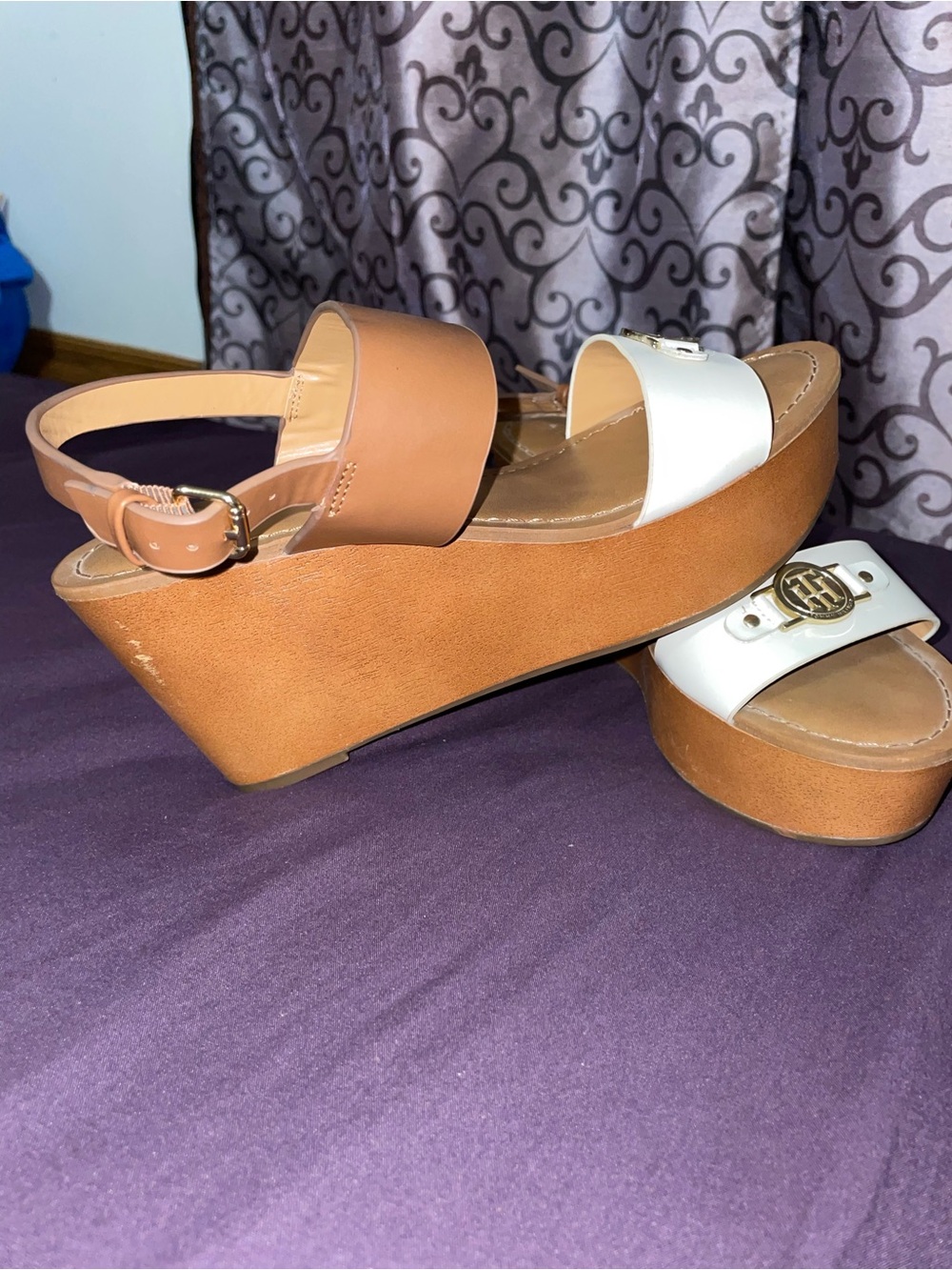 Tommy Hilfiger White and Tan Platform Wedge Sandals